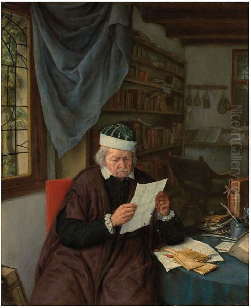 A lawyer seated at a table reading a letter Oil Painting by Adriaen van Ostade