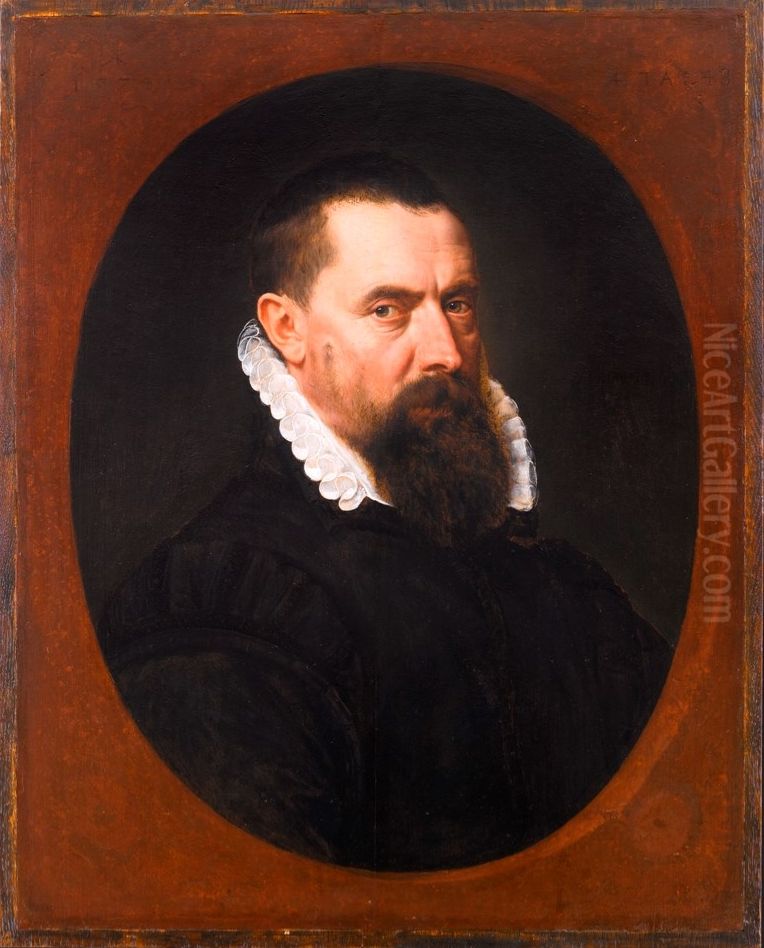 Portrait of a Bearded Gentleman, Bust-Length, in a Black Doublet with a White Lace Ruff Oil Painting by Adriaen Thomasz. Key