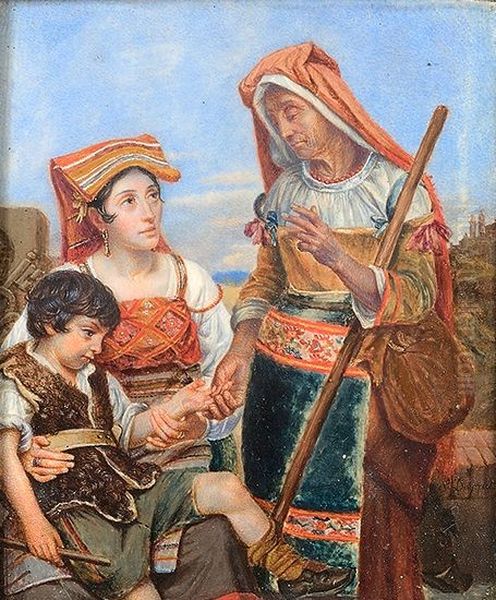 Une diseuse de bonne aventure predit l'avenir au jeune berger Montalte, qui fut depuis le Pape Sixte-Quint Oil Painting by Sophie Duprat