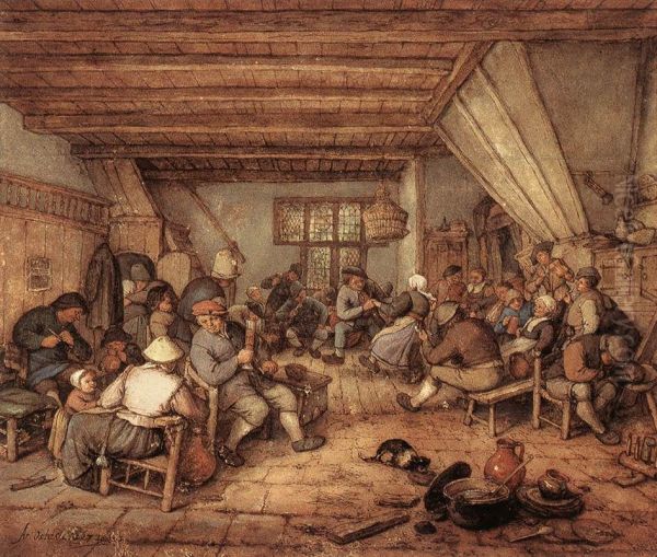 Feasting Peasants in a Tavern.[1] Oil Painting by Adriaen van Ostade
