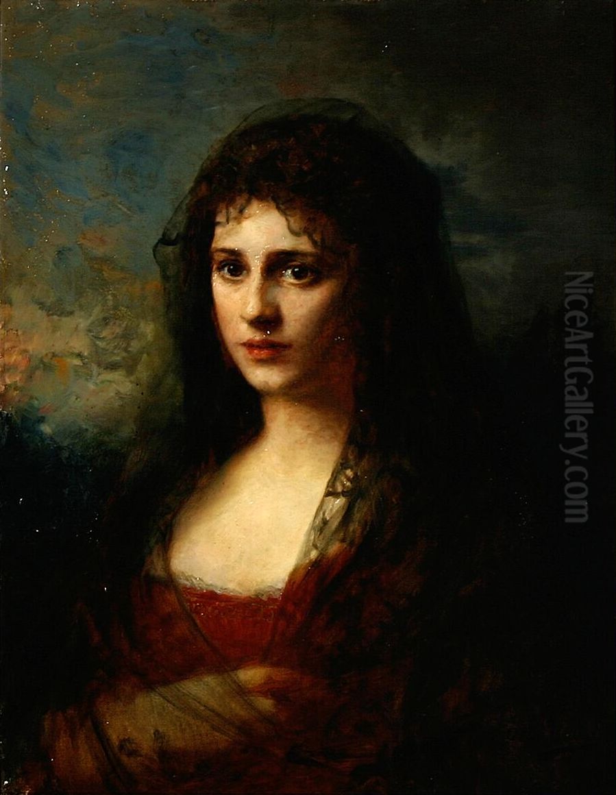 Portrait of a woman in a red dress. Oil Painting by Otto Bache