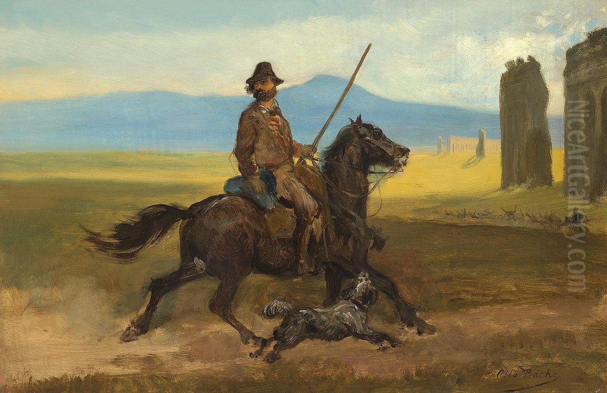 A rider and his dog in the landscape outside Rome. Oil Painting by Otto Bache