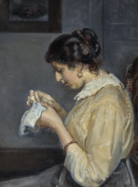 Interior with Henny Brodersen doing needlework. Oil Painting by Michael Peter Ancher
