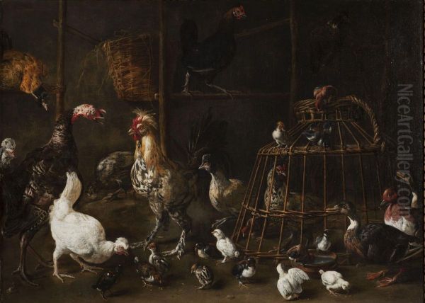 A barn interior with a turkey Oil Painting by Adriaen van Utrecht