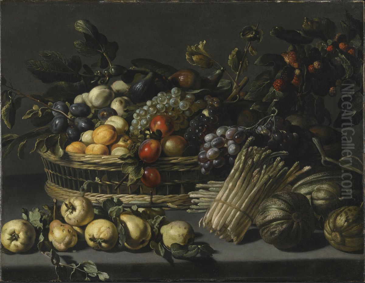 Still life with fruit piled high in a basket, surrounded by quinces, melons and asparagus on a ledge Oil Painting by Adriaen van Utrecht