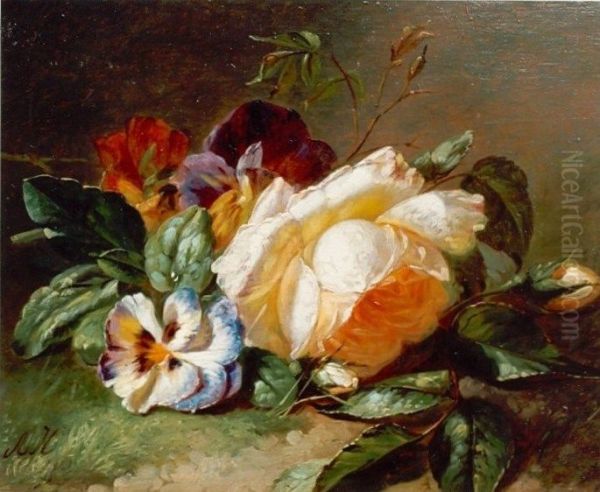 White rose and violets at the edge of the wood Oil Painting by Adriana Johanna Haanen
