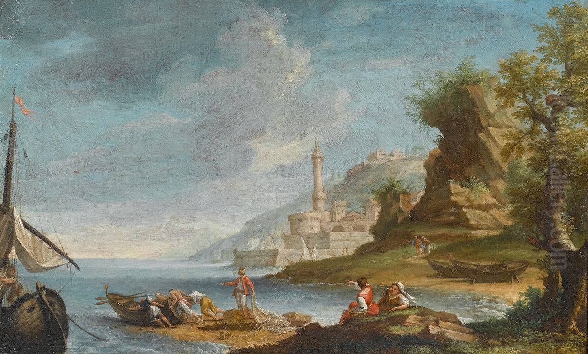 A coastal scene with fishermen and a city in the background Oil Painting by Adrien Manglard