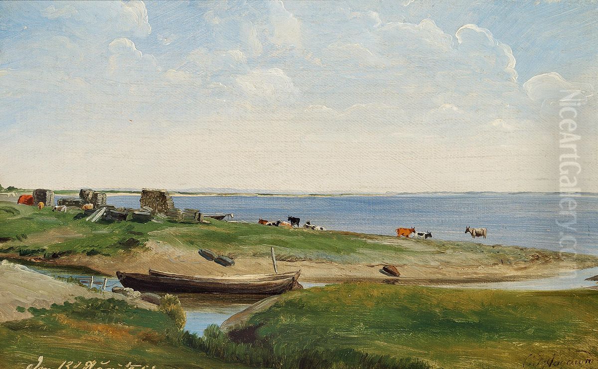 Kystparti med graessende koer ved aens udlob i havet. Oil Painting by Carl Frederik Aagaard