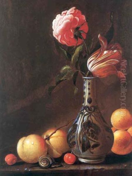 Vase with two flowers and fruits Oil Painting by Evert Van Aelst