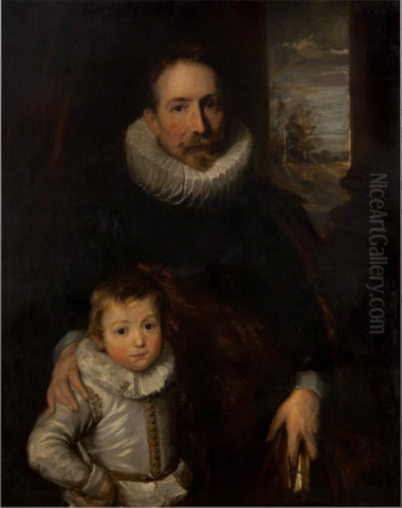 A portrait of a gentleman, said to be Jan van den Wouwer, with his son Oil Painting by Sir Anthony Van Dyck
