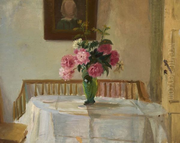 Interior from Anchers' house on Markvej, Skagen, with pink chrysanthemums in a vase upon a table. Oil Painting by Anna Ancher
