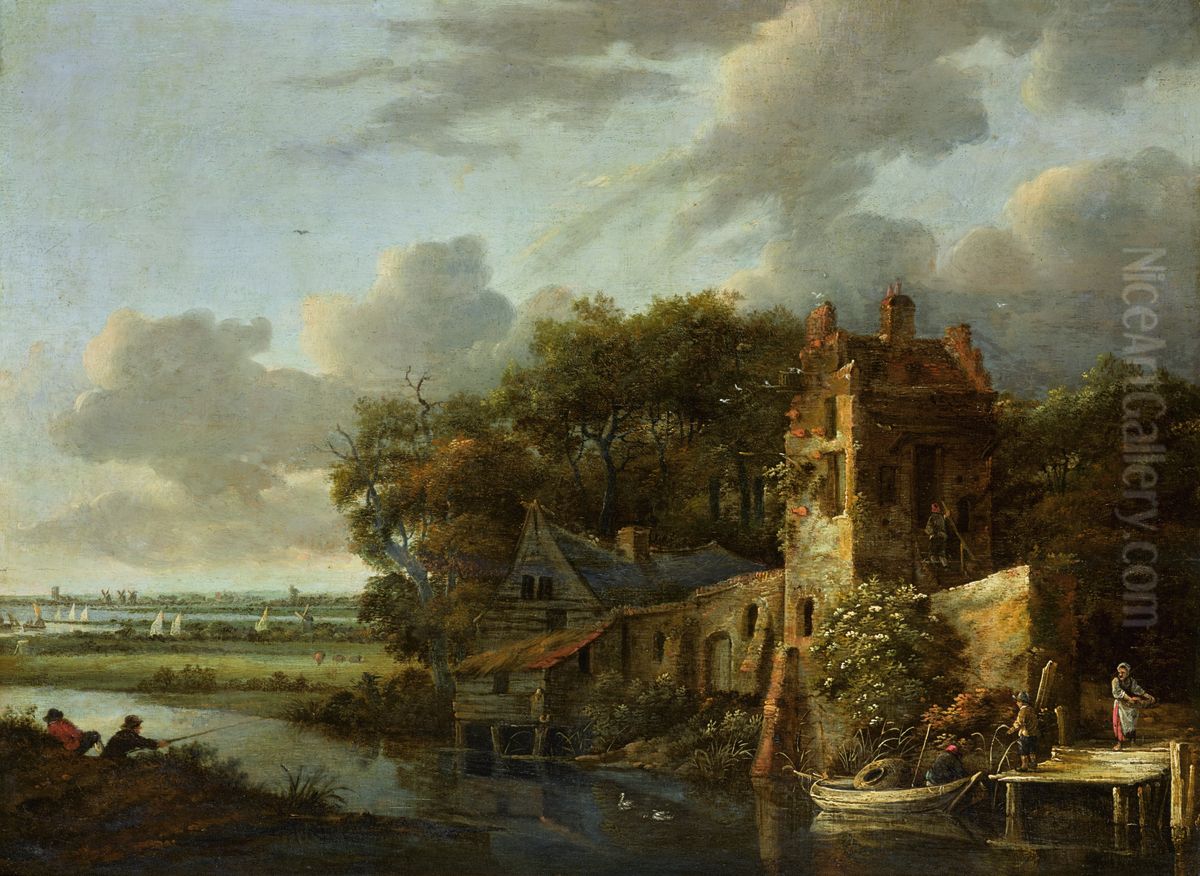 A river landscape with a cottage, peasants fishing on the bank Oil Painting by Cornelis Gerritsz Decker