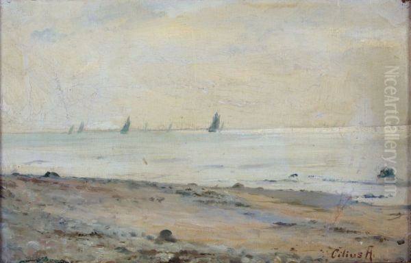 Kystparti med sejlbade. Oil Painting by Cilius Andersen
