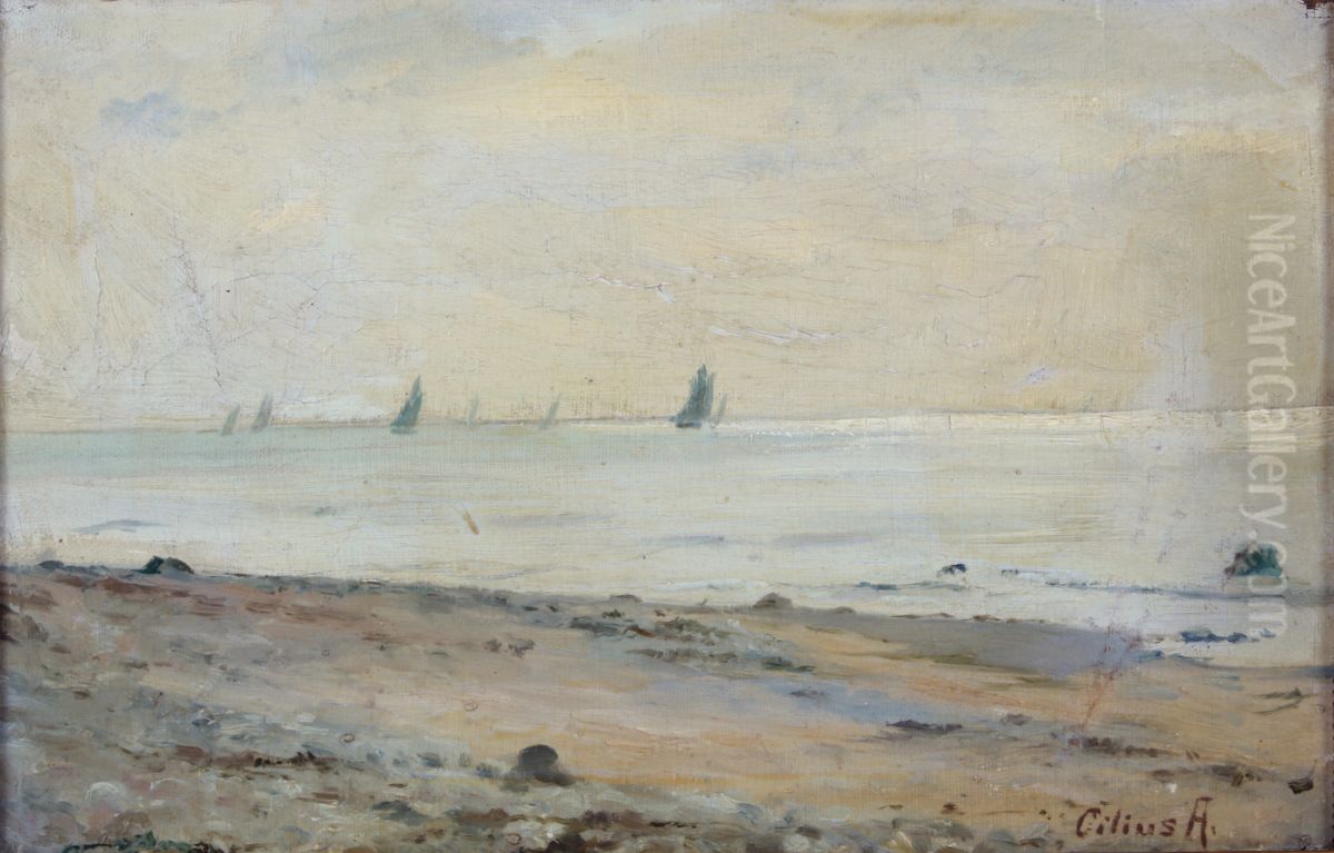 Sailing boats near a beach. Oil Painting by Cilius Andersen Sailing boats near a beach. Oil Painting by Cilius Andersen
