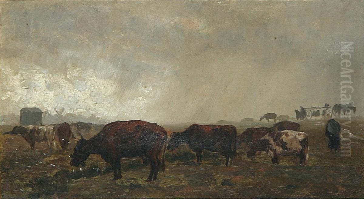 Gravejrsdag med koer pa marken. Oil Painting by Otto Bache