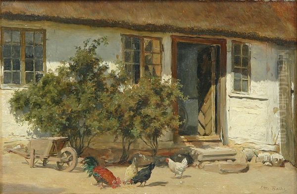 Farm exterior with hens. Oil Painting by Otto Bache