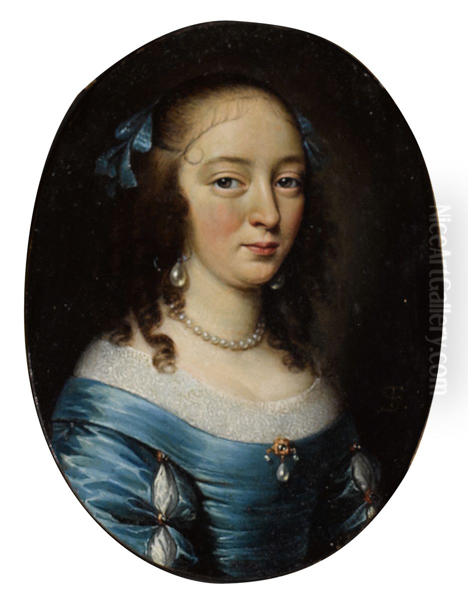 Portrait of an elegant lady, half-length, in a blue dress Oil Painting by Franciszek Smiadecki