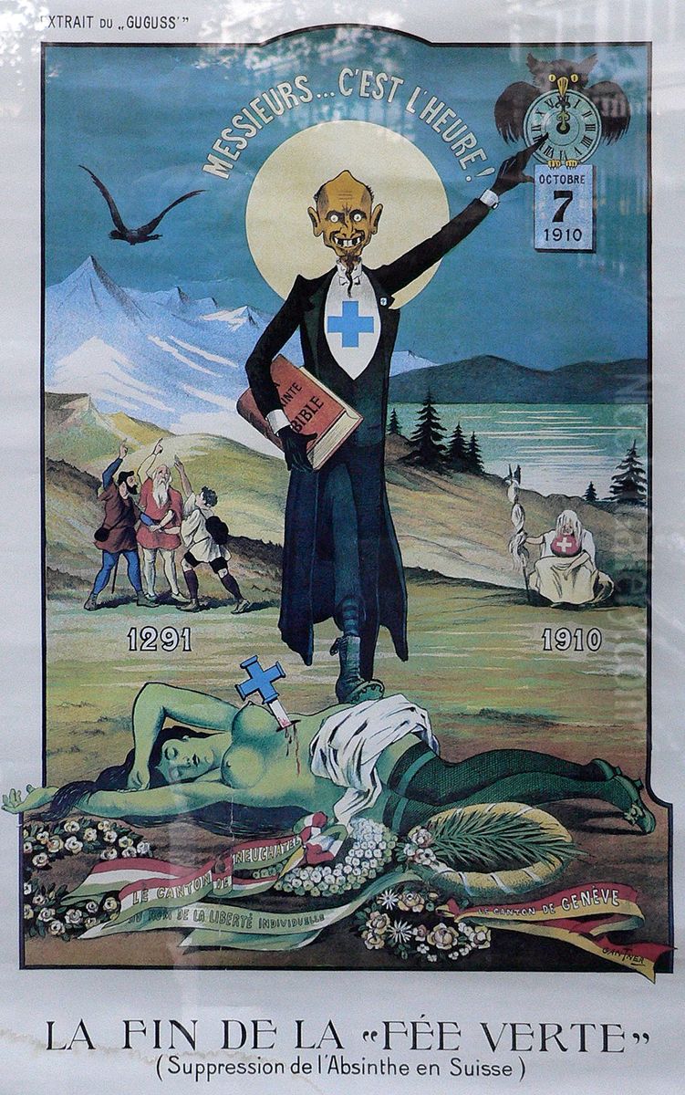 Poster critical of the ban on absinthe in Switzerland Oil Painting by unknown