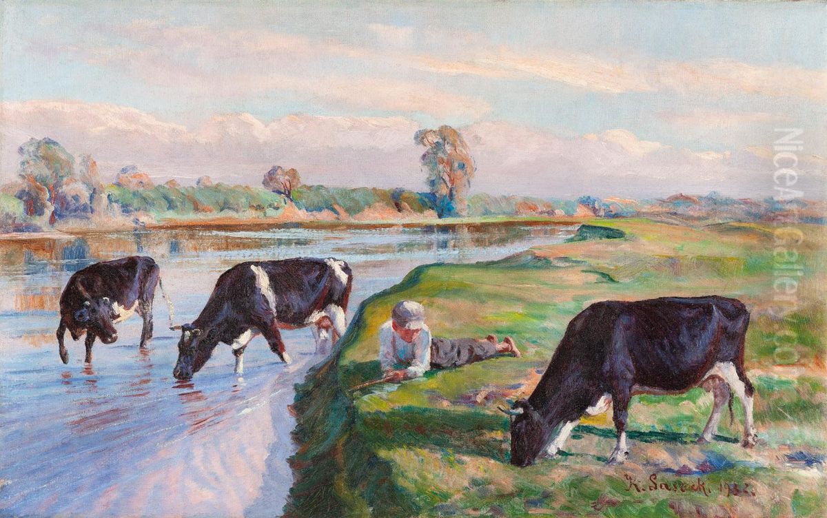 Pejzaz z krowami. Oil Painting by unknown