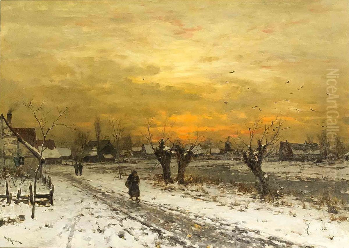 Wintry village at dusk Oil Painting by Walter Moras