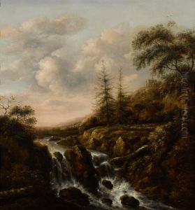 A waterfall in a mountainous river landscape
