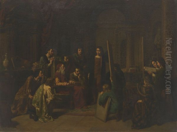 Leonard de Vinci au milieu de ses eleves Oil Painting by Jean-Baptiste Jules Trayer