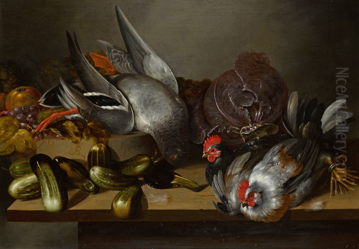 Still life with hens, a duck, gherkins, fruits, and a cabbage Oil Painting by Balthasar Huys
