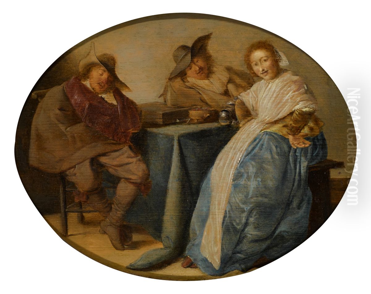 An interior with two cavalryman and a lady, all seated around a table Oil Painting by Pieter Codde