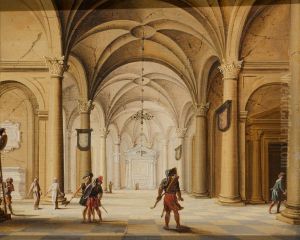 The interior of a cathedral with soldiers in the foreground