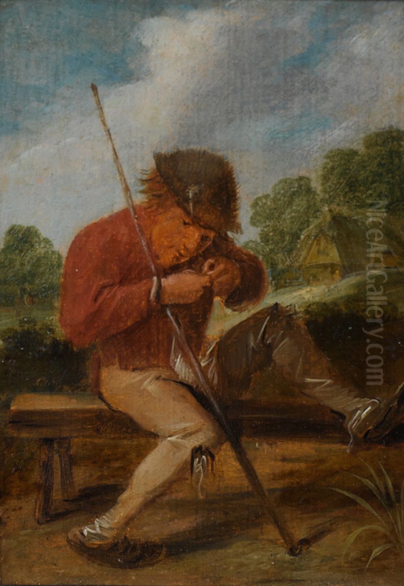 A farmer resting on a bench in a landscape Oil Painting by Adriaen Brouwer
