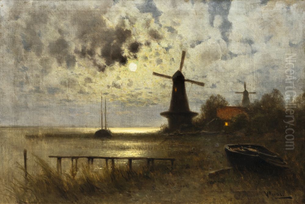 Wind Mill in Moonlight Oil Painting by Walter Moras Wind Mill in Moonlight Oil Painting by Walter Moras