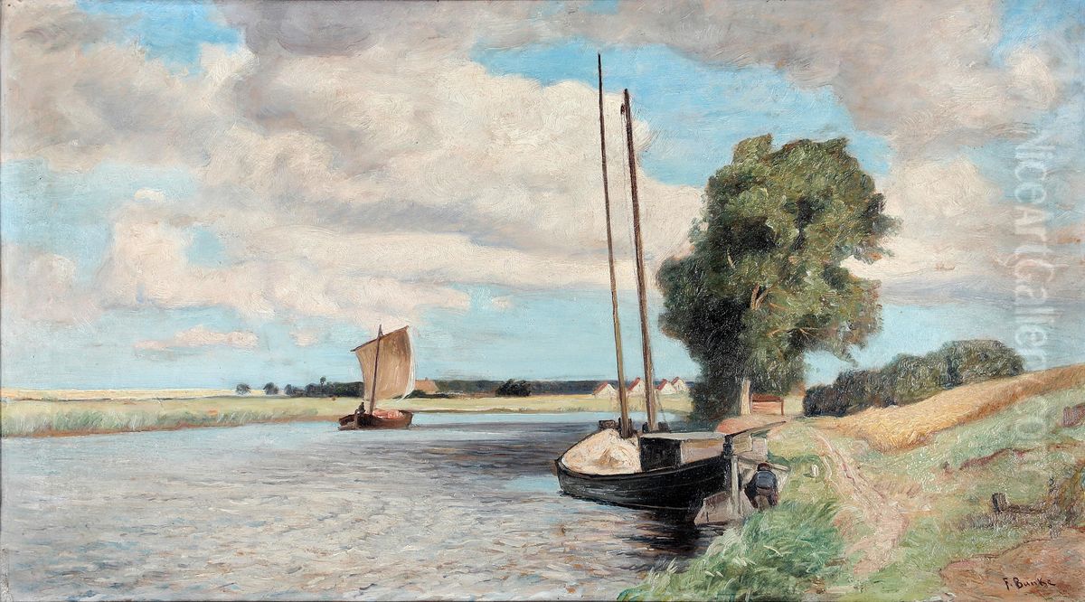 Dinghies at the bank of the Warnow river Oil Painting by Franz Bunke