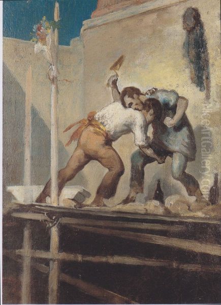 Raufende Maurer Oil Painting by Honore Daumier