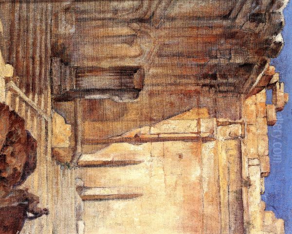 Baalbeck, Temple De Bacchus. Oil Painting by Moustafa Farroukh