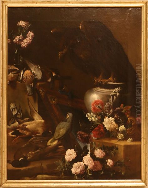 natura morta con aquila, pappagallo e fiori Oil Painting by Agostino Stringa