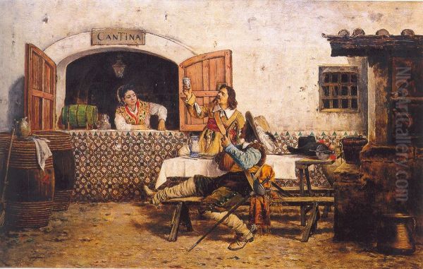 Mosqueteros sentados fuera de una cantina Oil Painting by Joaquin Agrasot y Juan