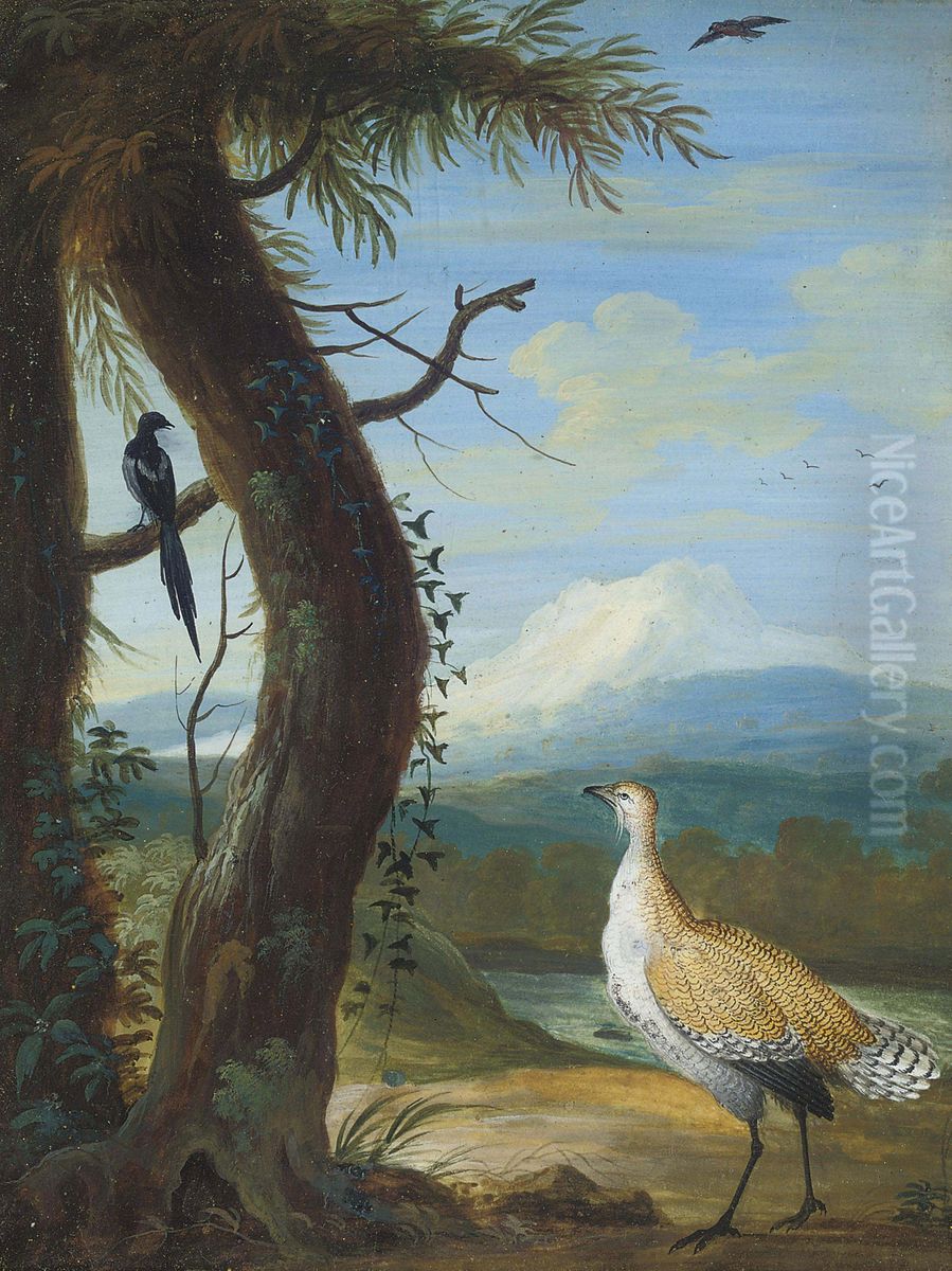 A bustard and a magpie in an exotic landscape Oil Painting by Christoph Ludwig Agricola