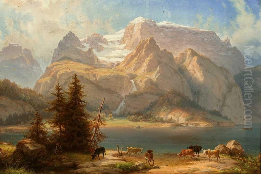 High mountain landscape with shepherd Oil Painting by Eduard Agricola