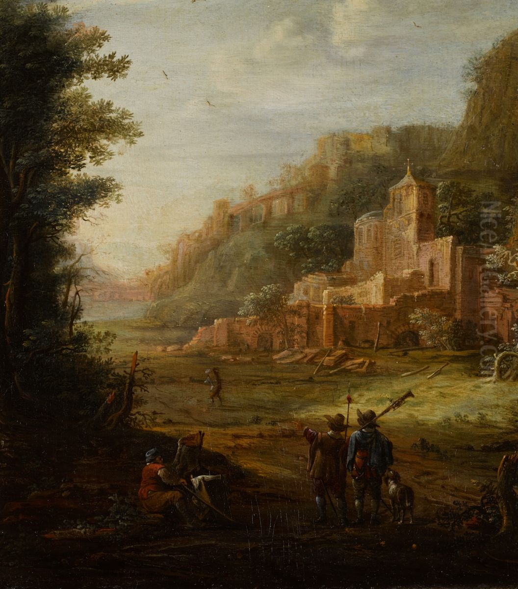 Wooded landscape with two hunters at the entrance to a valley Oil Painting by Eglon van der Neer