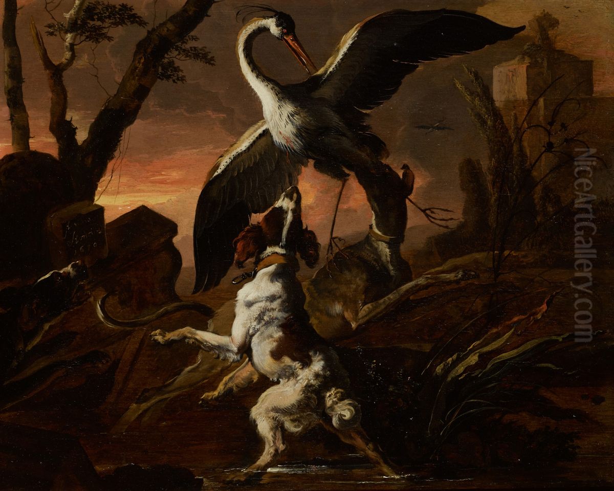 Three dogs attacking a crane in a landscape Oil Painting by Abraham Danielsz. Hondius Three dogs attacking a crane in a landscape Oil Painting by Abraham Danielsz. Hondius
