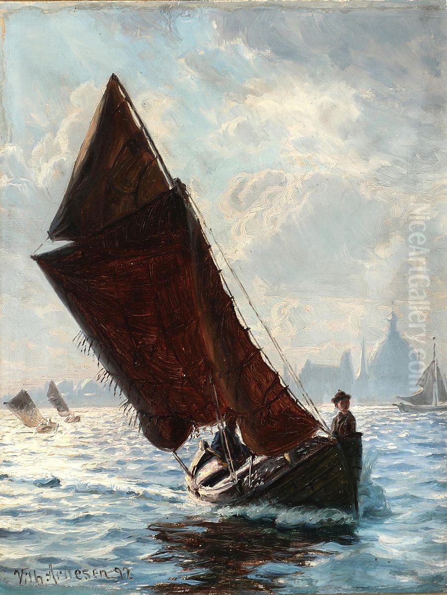Sailing boats in Copenhagen Harbour with Frederiks Chrurch in the distance. Oil Painting by Vilhelm Arnesen