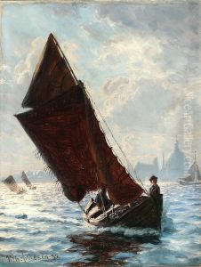 Sailing boats in Copenhagen Harbour with Frederiks Chrurch in the distance.