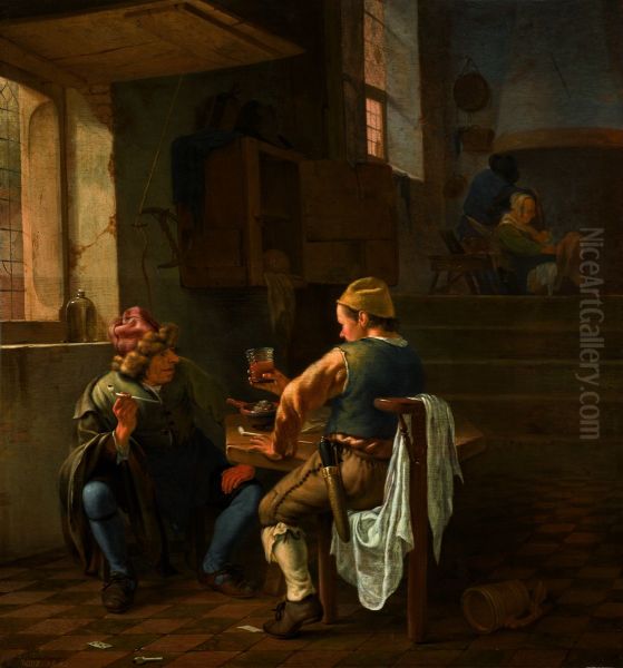 A tavern scene with peasants smoking and drinking Oil Painting by Johannes Natus