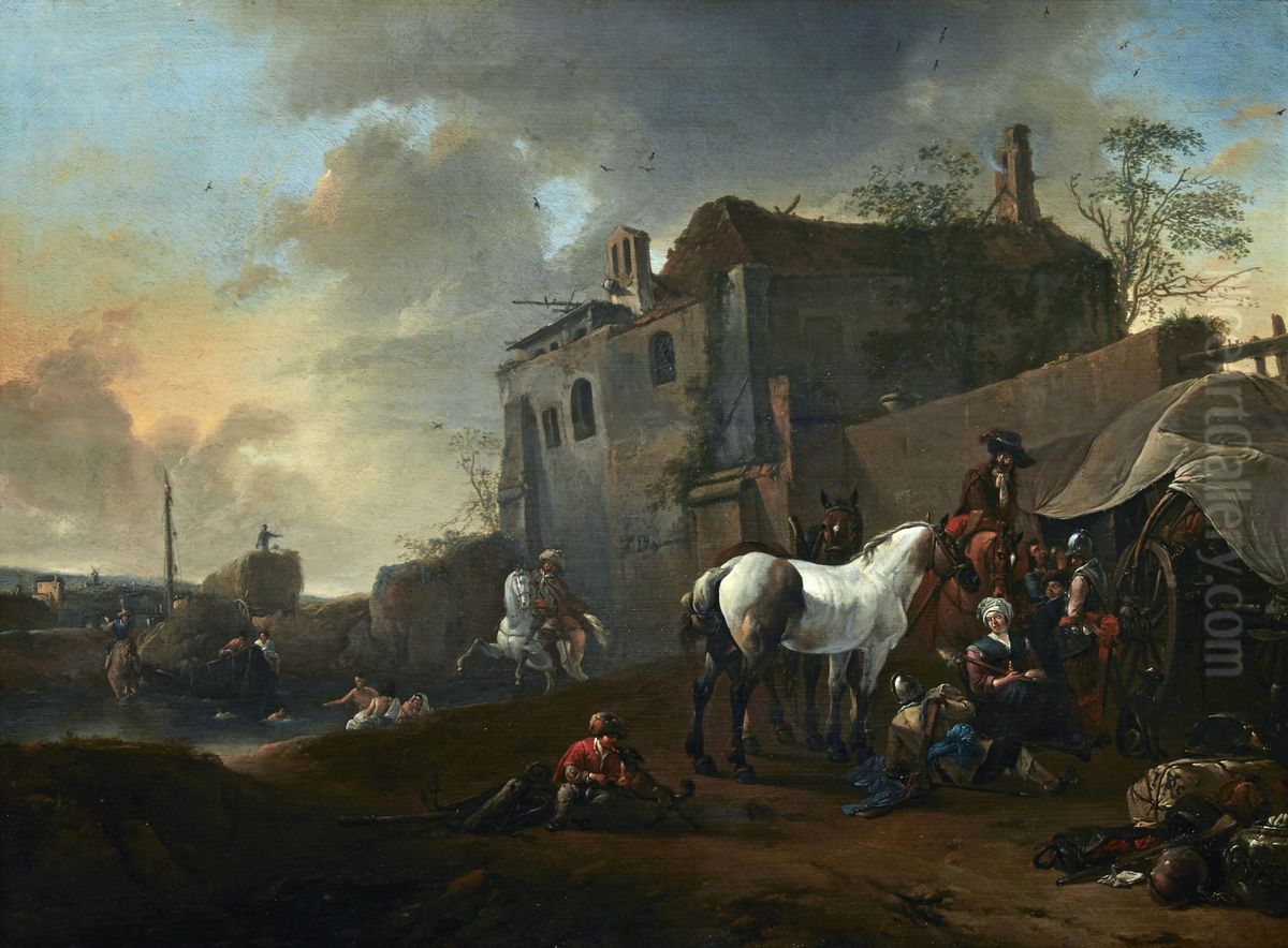 Resting soldiers and other travellers Oil Painting by Pieter Wouwerman