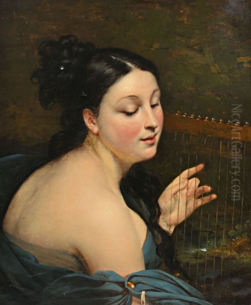Young woman with harporA young lady playing the lyre Oil Painting by Aimee Brune-Pages