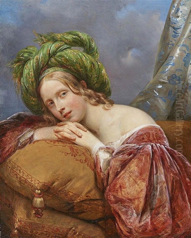 Lady in Green Turbans Oil Painting by Aimee Brune-Pages