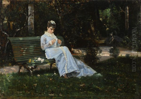 Alaide Banti sulla panchina Oil Painting by Cristiano Banti