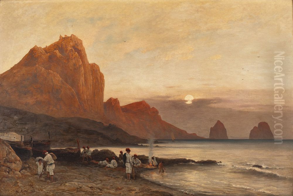 Capri with Italian fishermen Oil Painting by Albert Hertel