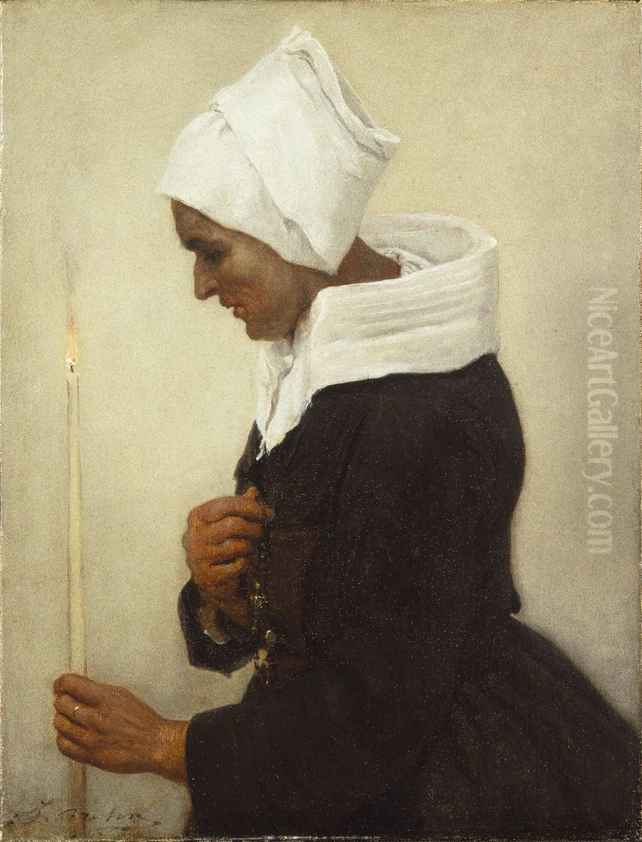 Breton Peasant Woman Holding a Taper Oil Painting by Jules Breton