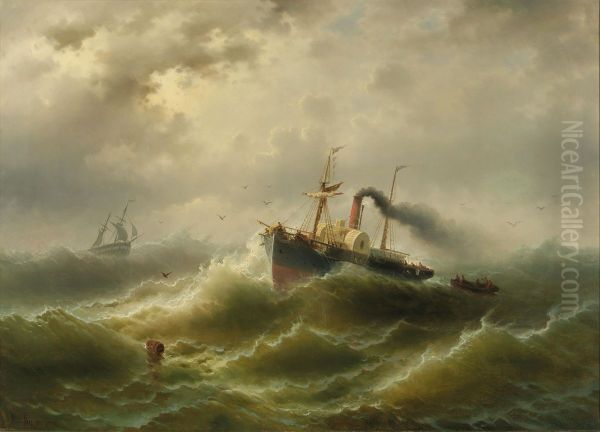 Steamboat in a Storm on the North Sea Oil Painting by Albert Rieger